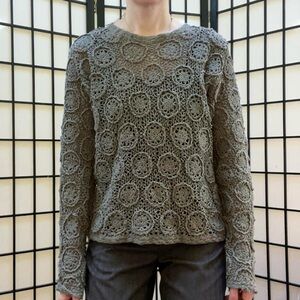 Green Gray Crochet Sweater with Circle Floral Doily Design Vintage 90s